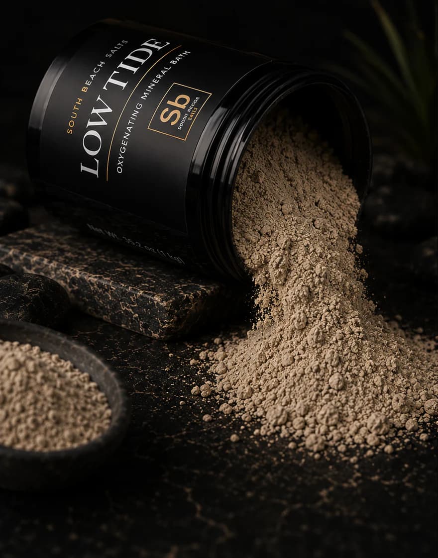 Low Tide jar pouring its beige mineral-botanical mixture